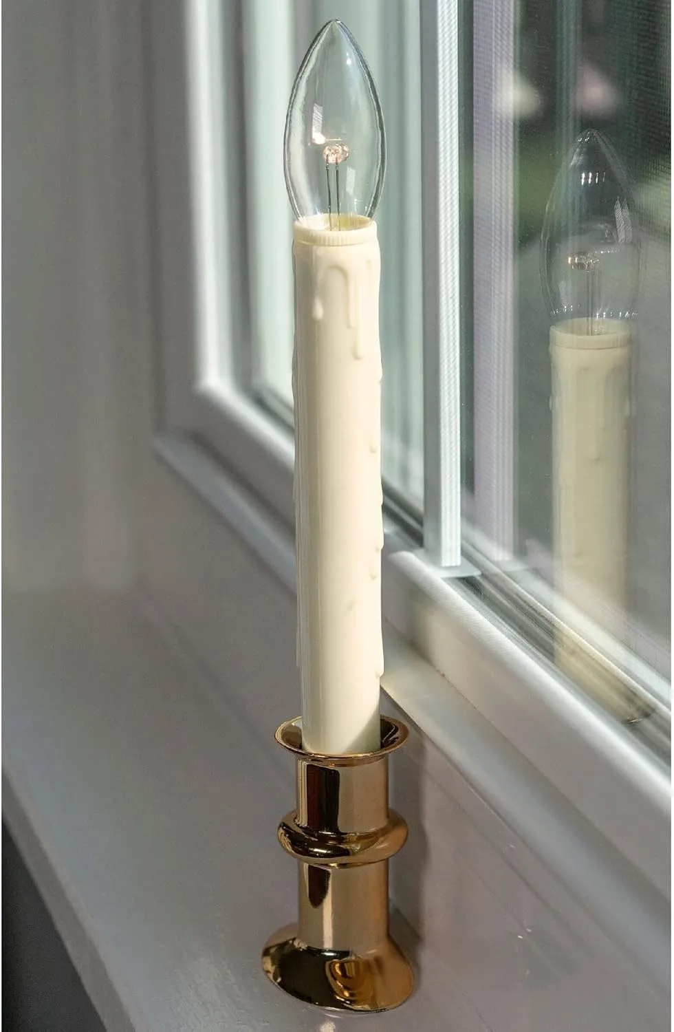 Set of Four Battery Operated Remote Programmable Window Hugger Candle for Narrow Window Sills Daily Timer Choose 6, 8, or 10 Hours Flicker or Steady (Brass)