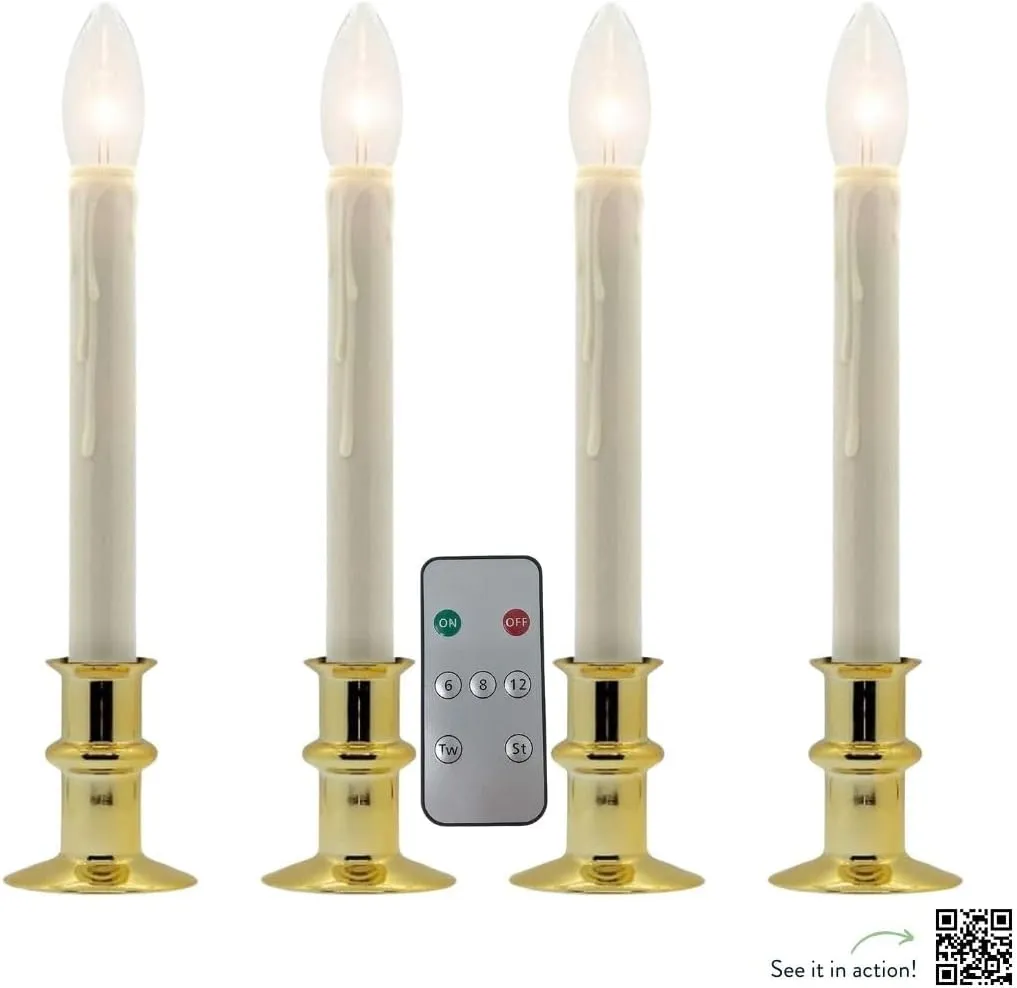 Set of Four Battery Operated Remote Programmable Window Hugger Candle for Narrow Window Sills Daily Timer Choose 6, 8, or 10 Hours Flicker or Steady (Brass)