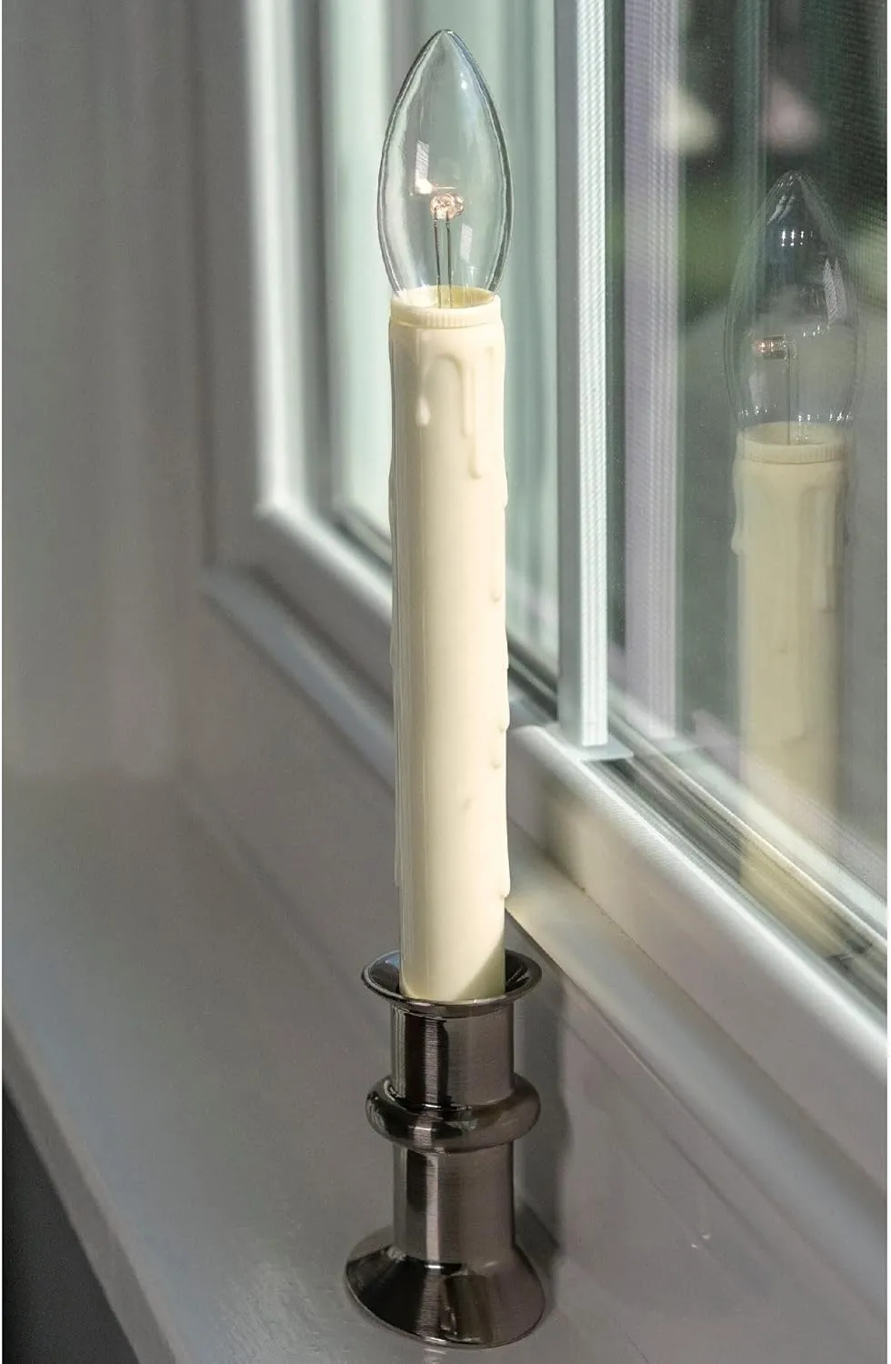 Set of Four Battery Operated Remote Programmable Window Hugger Candle for Narrow Window Sills Daily Timer Choose 6, 8, or 10 Hours Flicker or Steady (Brushed Nickel)
