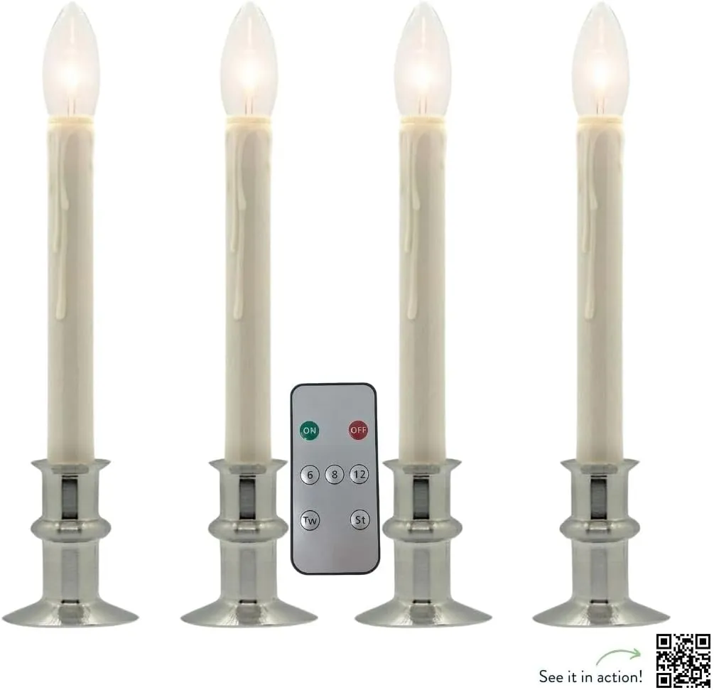 Set of Four Battery Operated Remote Programmable Window Hugger Candle for Narrow Window Sills Daily Timer Choose 6, 8, or 10 Hours Flicker or Steady (Brushed Nickel)