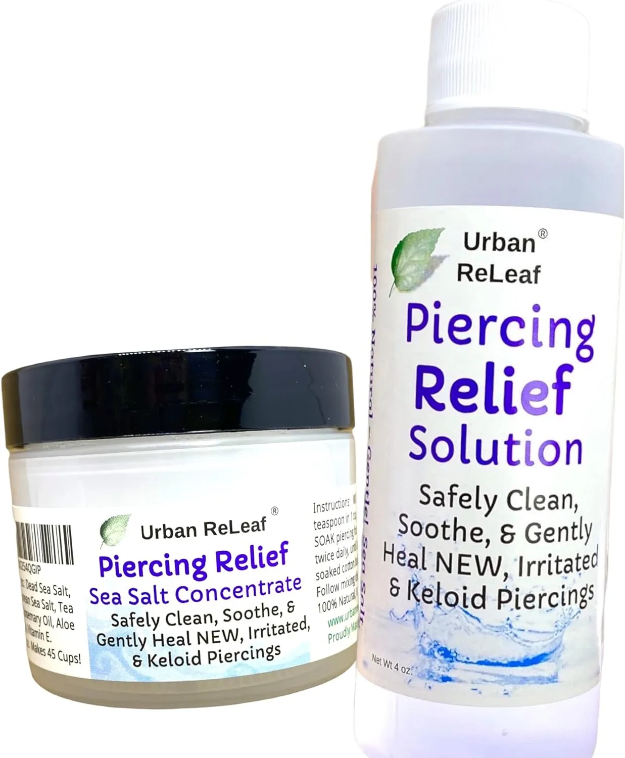 Set of Urban ReLeaf Piercing Relief Solution & Sea Salt Concentrate ! Gentle, Effective Aftercare and Refill Salts. Fast Help for Irritated, Bumpy, Fussy & Problem Piercings, 100% Natural Soothing