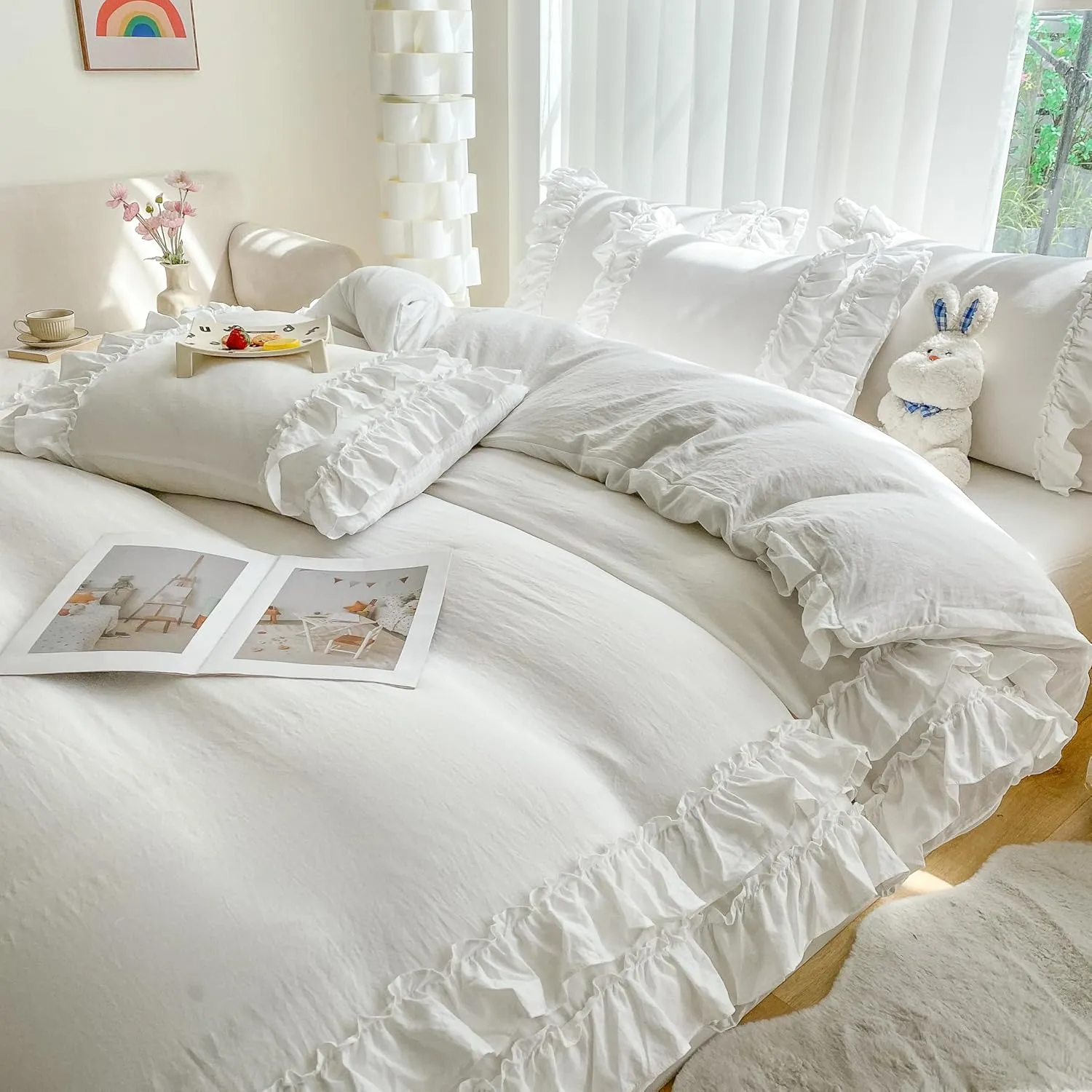 Shabby Chic 3 Pieces Bedding,Vintage Ruffled Full Duvet Cover Set with 2 Layers Ruffles,Soft Brushed Microfiber Set with Zipper Closure,Lightweight Duvet Cover Set-White,Full