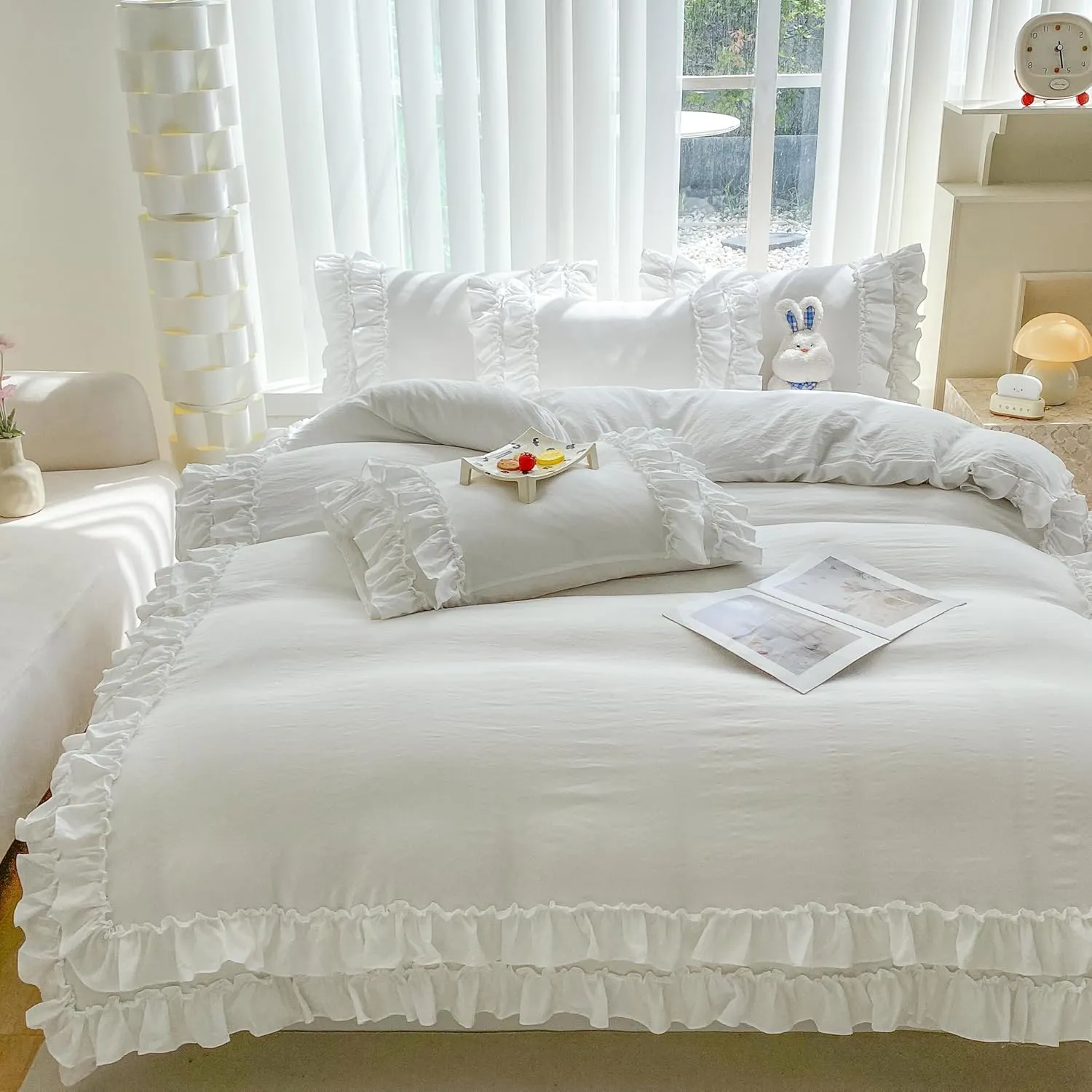 Shabby Chic 3 Pieces Bedding,Vintage Ruffled Full Duvet Cover Set with 2 Layers Ruffles,Soft Brushed Microfiber Set with Zipper Closure,Lightweight Duvet Cover Set-White,Full