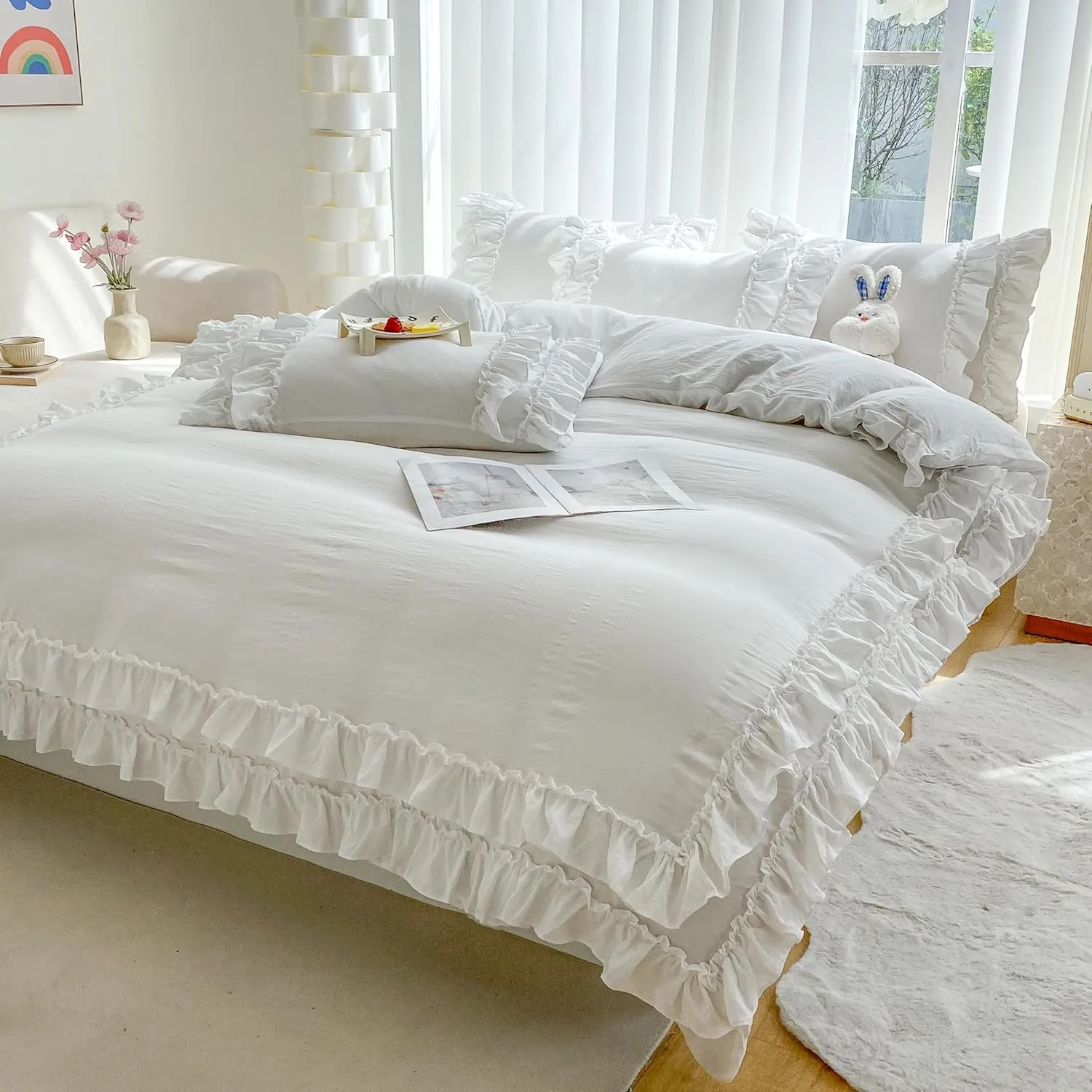 Shabby Chic 3 Pieces Bedding,Vintage Ruffled Full Duvet Cover Set with 2 Layers Ruffles,Soft Brushed Microfiber Set with Zipper Closure,Lightweight Duvet Cover Set-White,Full
