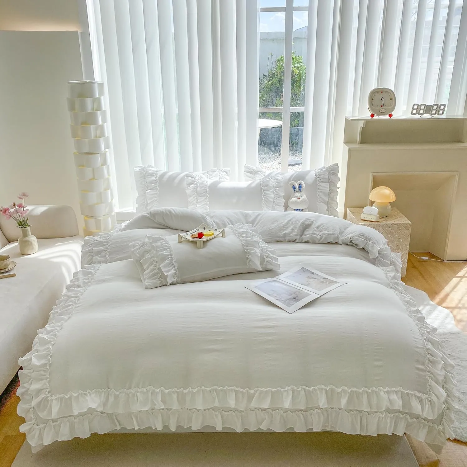 Shabby Chic 3 Pieces Bedding,Vintage Ruffled Full Duvet Cover Set with 2 Layers Ruffles,Soft Brushed Microfiber Set with Zipper Closure,Lightweight Duvet Cover Set-White,Full