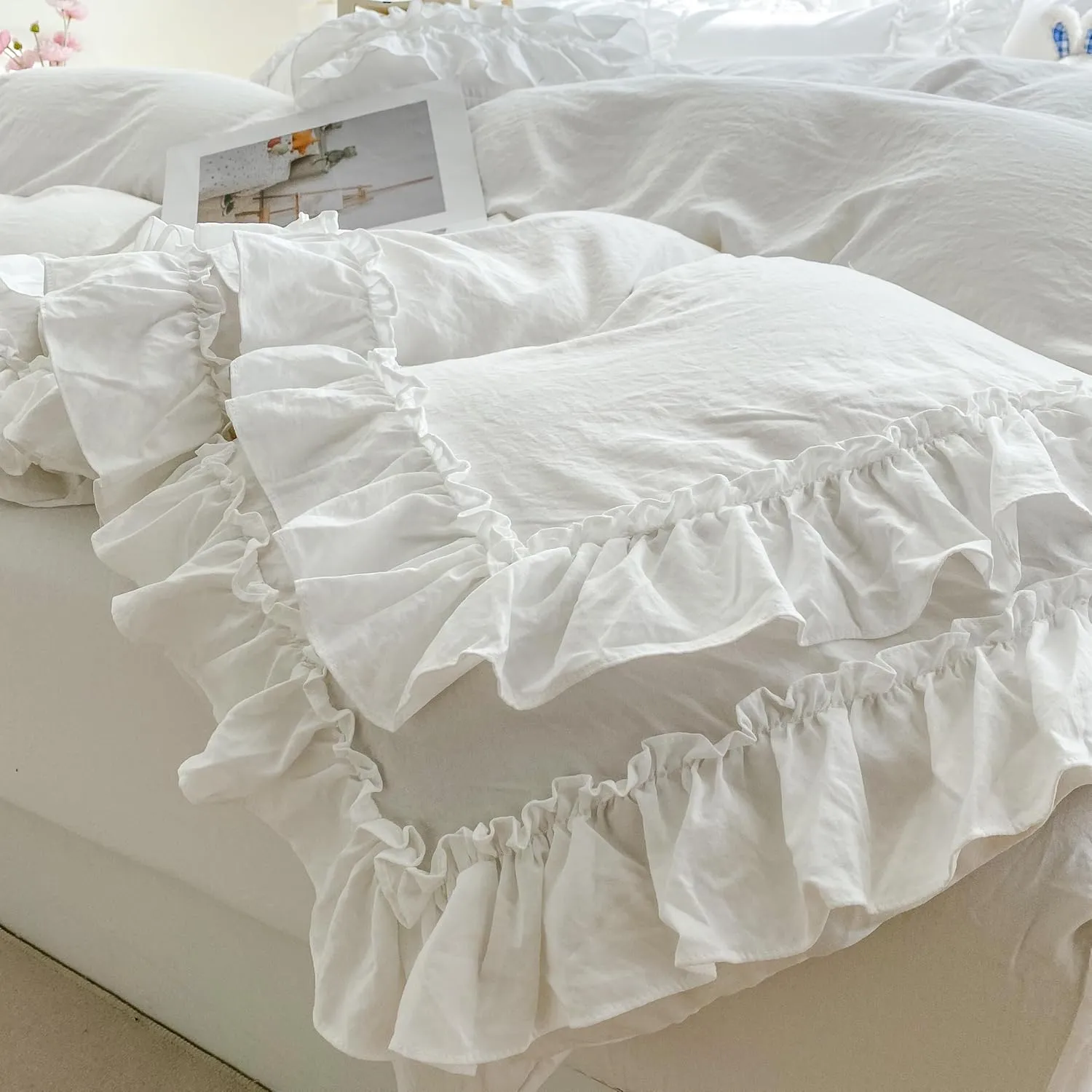 Shabby Chic 3 Pieces Bedding,Vintage Ruffled Full Duvet Cover Set with 2 Layers Ruffles,Soft Brushed Microfiber Set with Zipper Closure,Lightweight Duvet Cover Set-White,Full