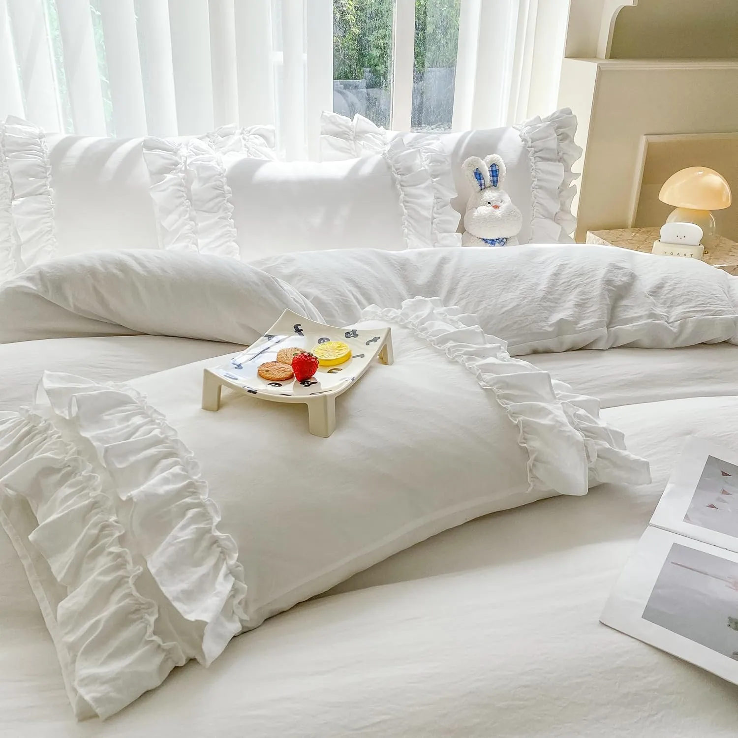 Shabby Chic 3 Pieces Bedding,Vintage Ruffled Full Duvet Cover Set with 2 Layers Ruffles,Soft Brushed Microfiber Set with Zipper Closure,Lightweight Duvet Cover Set-White,Full