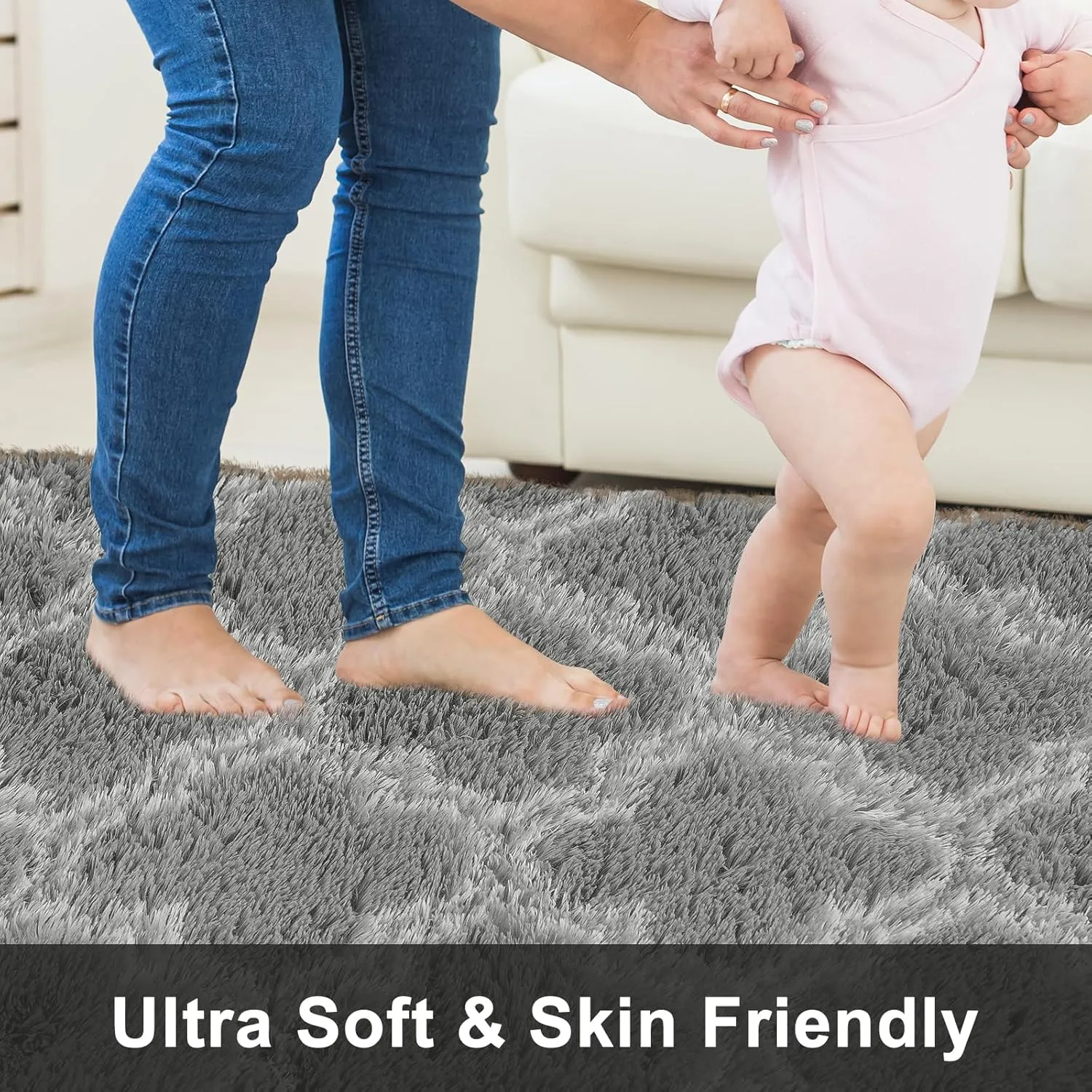 Shag Area Rug 5x7 Feet Extra Soft Rugs for Living Room, High Pile Indoor Carpet for Bedroom, Kids Room, Nursery, Home Decor, Geometric, Light Grey/White