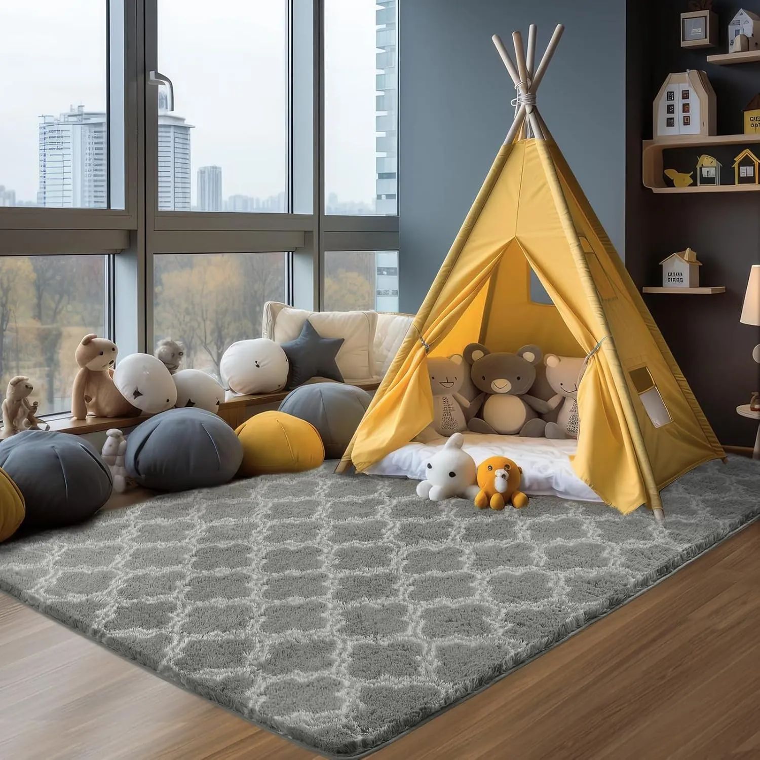 Shag Area Rug 5x7 Feet Extra Soft Rugs for Living Room, High Pile Indoor Carpet for Bedroom, Kids Room, Nursery, Home Decor, Geometric, Light Grey/White