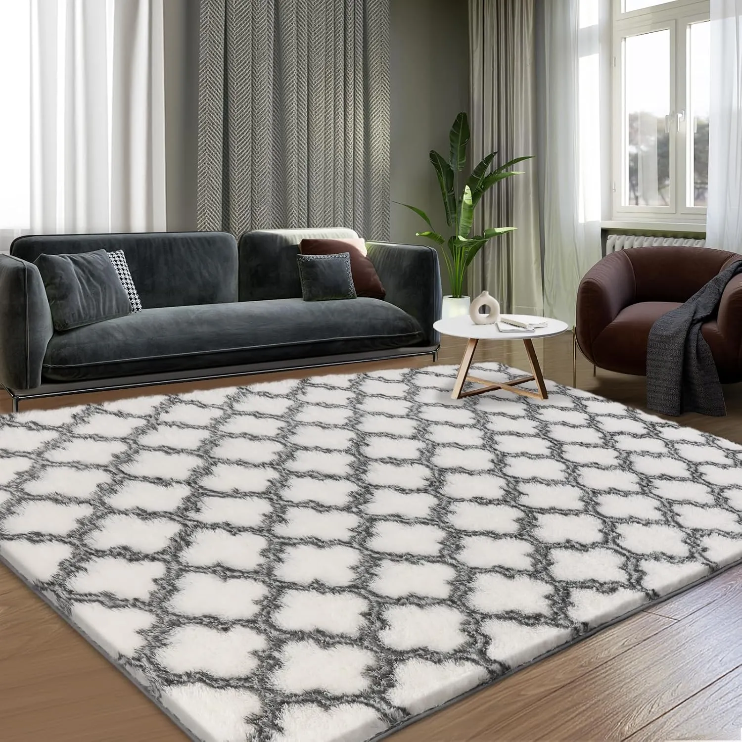 Shag Area Rug 5x7 Feet Extra Soft Rugs for Living Room, High Pile Indoor Carpet for Bedroom, Kids Room, Nursery, Home Decor, Geometric, White/Black