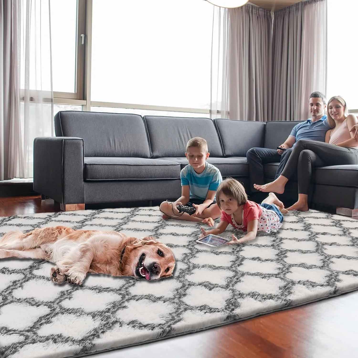 Shag Area Rug 5x7 Feet Extra Soft Rugs for Living Room, High Pile Indoor Carpet for Bedroom, Kids Room, Nursery, Home Decor, Geometric, White/Black
