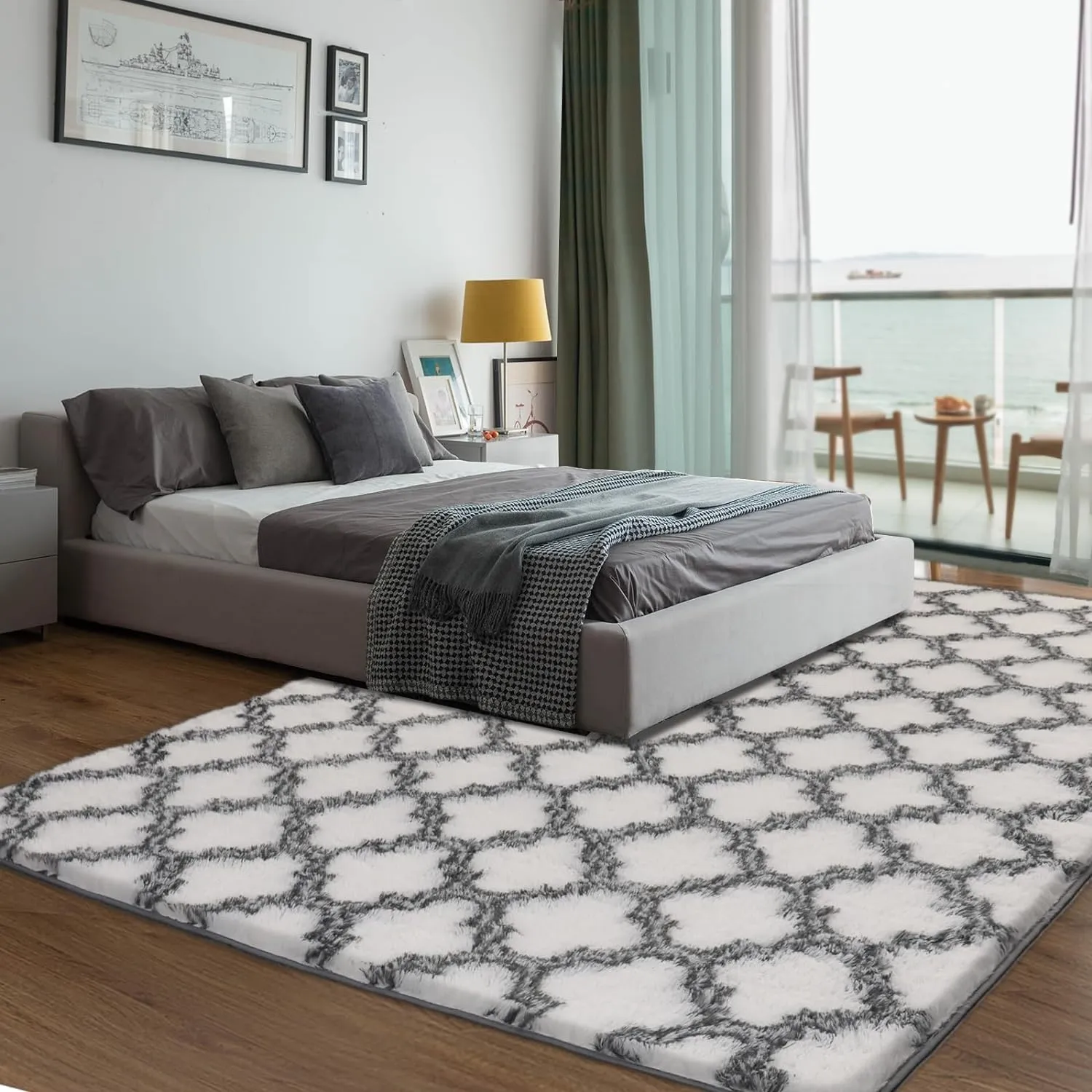 Shag Area Rug 5x7 Feet Extra Soft Rugs for Living Room, High Pile Indoor Carpet for Bedroom, Kids Room, Nursery, Home Decor, Geometric, White/Black