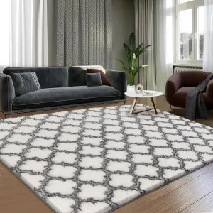 Shag Area Rug 5x7 Feet Extra Soft Rugs for Living Room, High Pile Indoor Carpet for Bedroom, Kids Room, Nursery, Home Decor, Geometric, White/Black