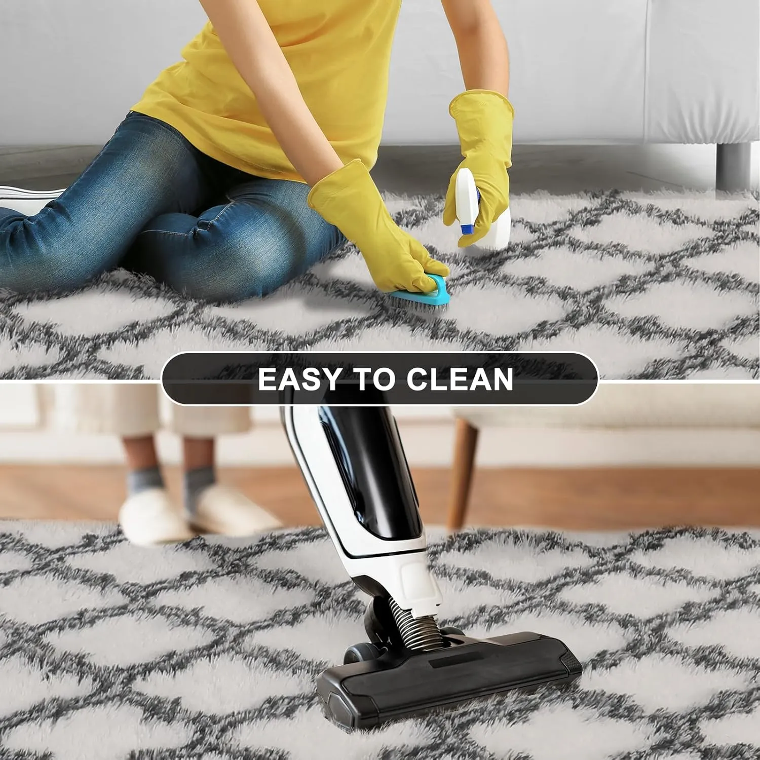 Shag Area Rug 5x7 Feet Extra Soft Rugs for Living Room, High Pile Indoor Carpet for Bedroom, Kids Room, Nursery, Home Decor, Geometric, White/Black