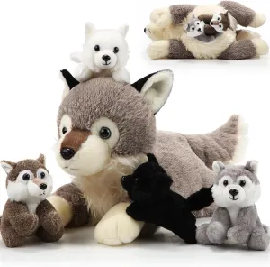 Shappy 5 Pcs End of School Year Class Gifts for Students from Teachers Parents Bulk Wolf Family Stuffed Animals Set 16 Inch Mommy Plush Toys with 4 Small Plushies in Her Zippered Tummy Wolf