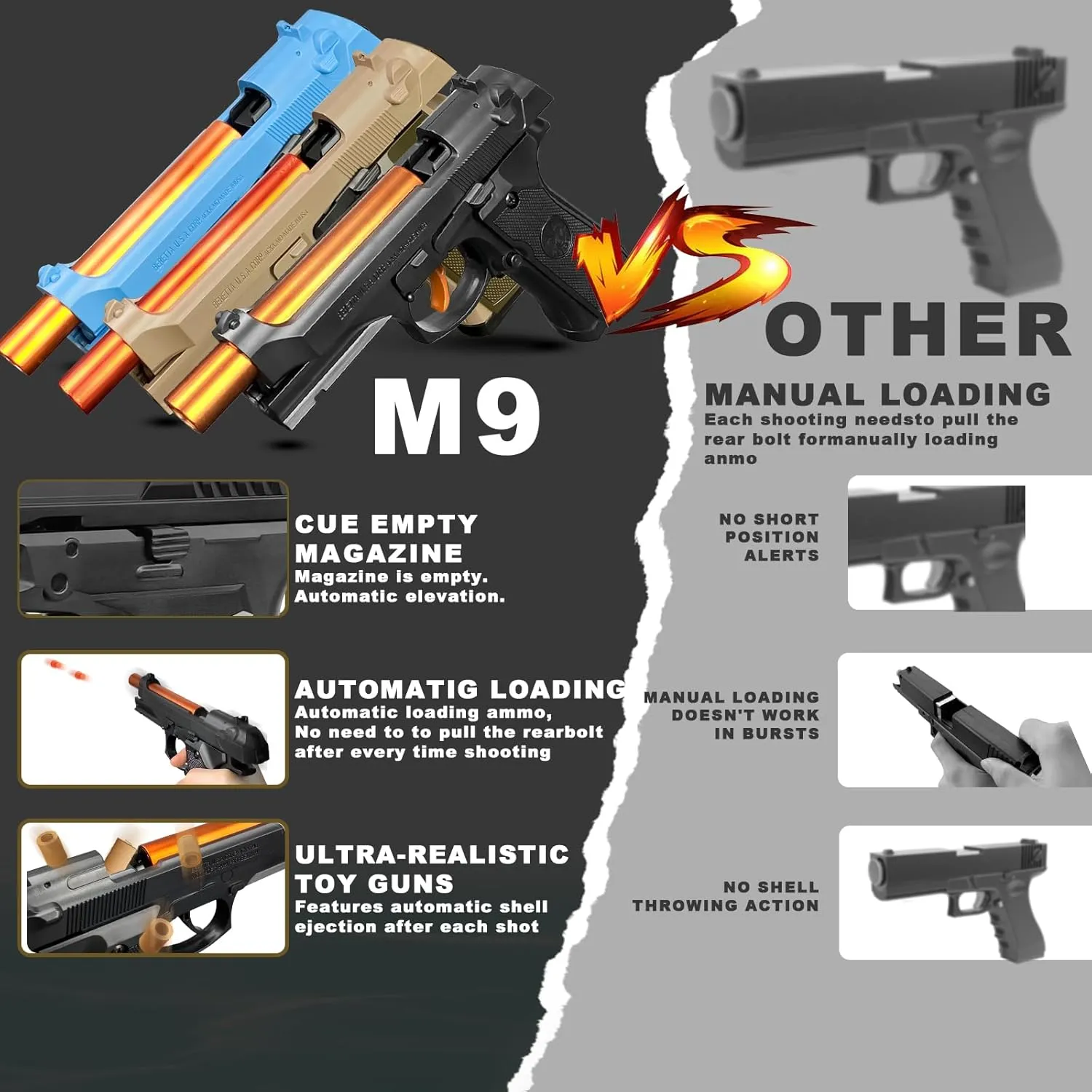Shell Ejecting Toy Gun Semi Automatic Toy Pistol with 120 Bullets, Soft Bullet Toy Gun for Boys, Outdoor Shooting Game Educational Model Toy Model, Gift for Kids Age 8  (M9 Khaki)