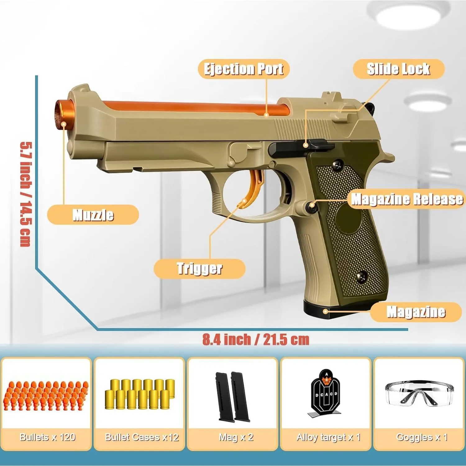 Shell Ejecting Toy Gun Semi Automatic Toy Pistol with 120 Bullets, Soft Bullet Toy Gun for Boys, Outdoor Shooting Game Educational Model Toy Model, Gift for Kids Age 8  (M9 Khaki)