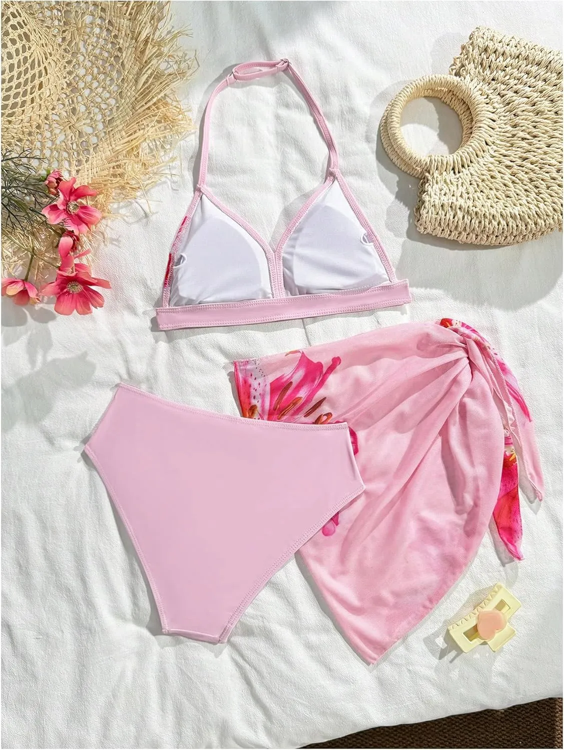 SHENHE Girl's 3 Piece Cute Halter Triangle Bikini Swimsuit with Beach Cover Up