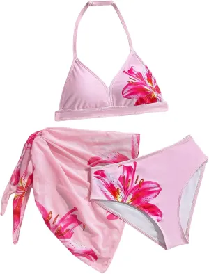 SHENHE Girl's 3 Piece Cute Halter Triangle Bikini Swimsuit with Beach Cover Up