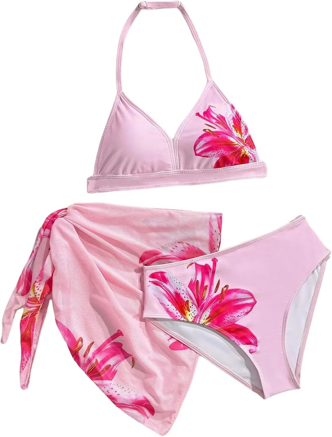 SHENHE Girl's 3 Piece Cute Halter Triangle Bikini Swimsuit with Beach Cover Up