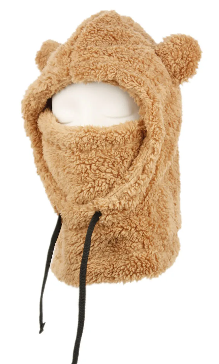 Sherpa Fur Winter Teddy Bear Hat Kids Mask Warm Neck Cover