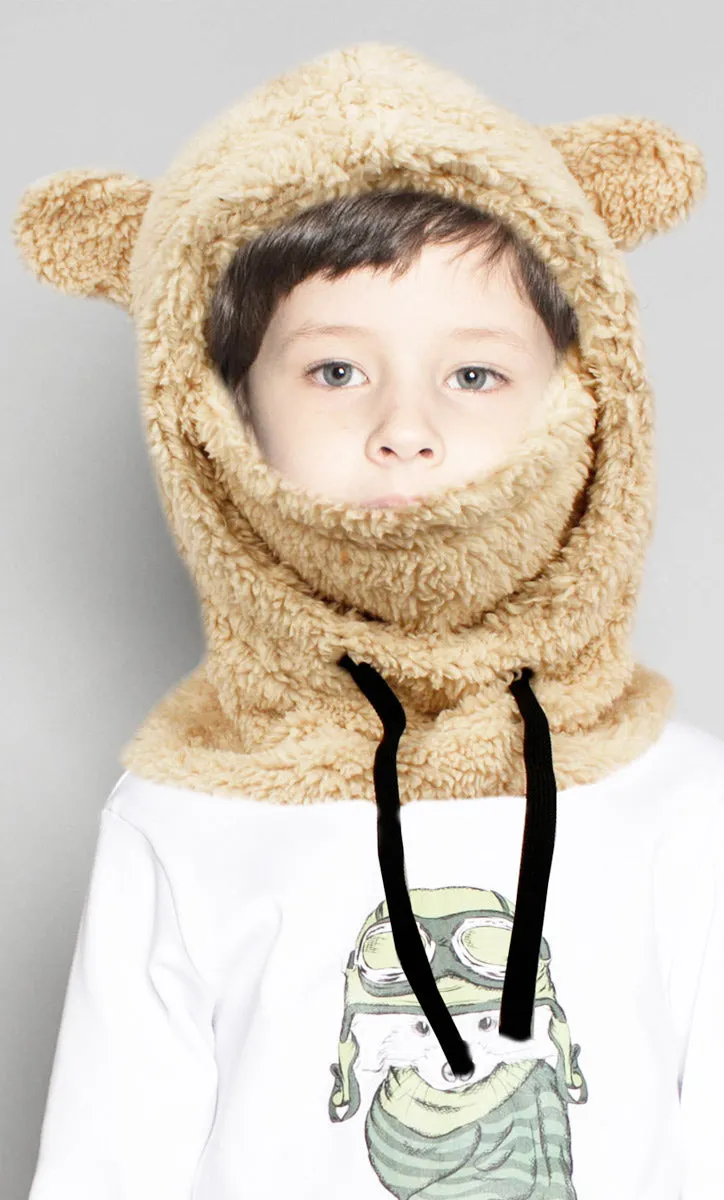 Sherpa Fur Winter Teddy Bear Hat Kids Mask Warm Neck Cover