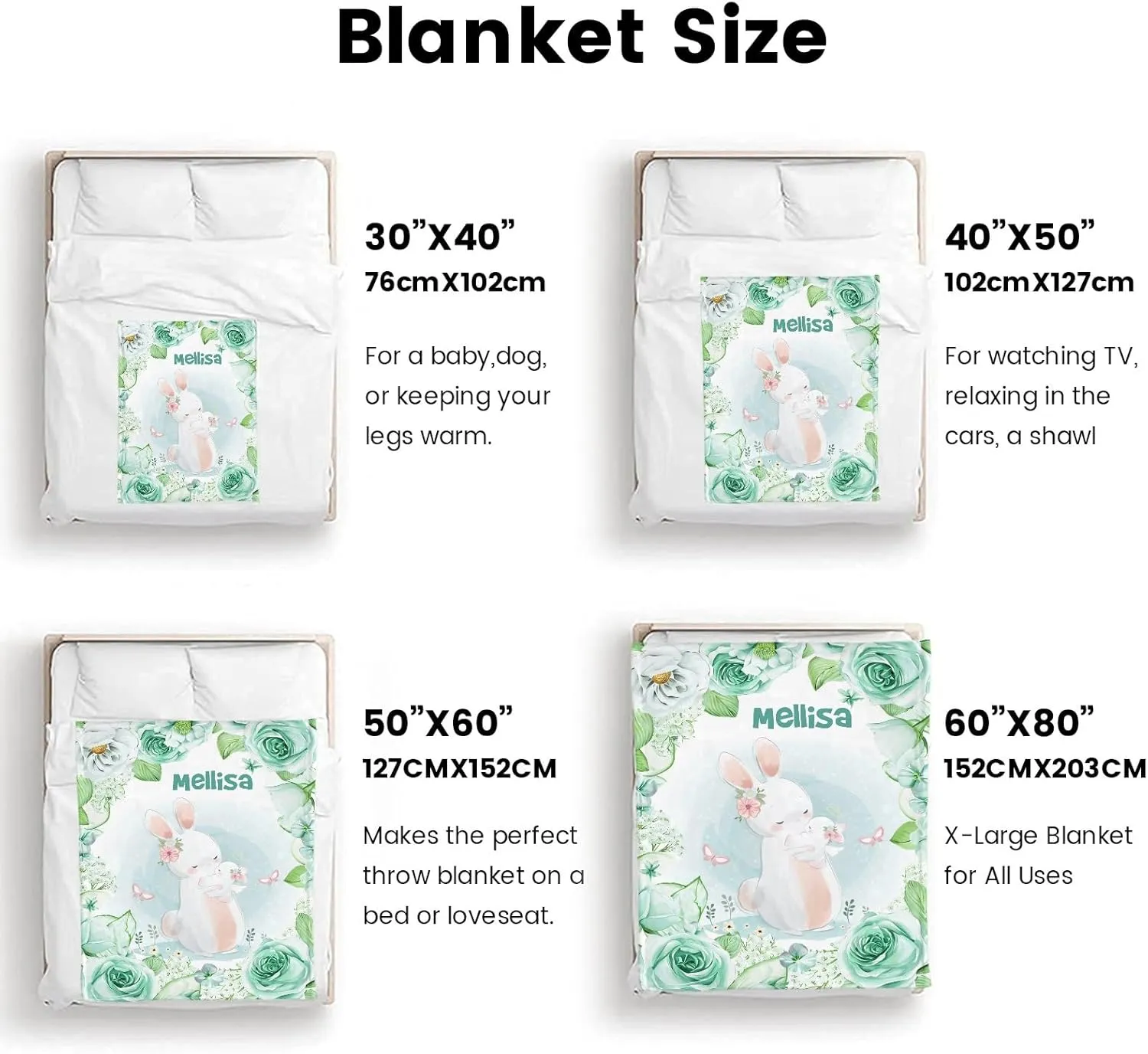 Ships Next Day-Angelic Bunny Lake Blue Flower Floral Custom Picnic Flannel Blanket Mothers Day Birthday Gifts for Mom,40"x50" Made in USA