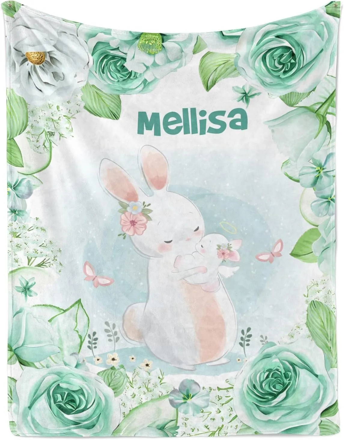 Ships Next Day-Angelic Bunny Lake Blue Flower Floral Custom Picnic Flannel Blanket Mothers Day Birthday Gifts for Mom,40"x50" Made in USA