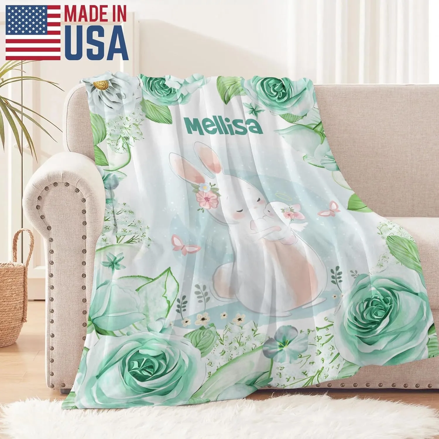 Ships Next Day-Angelic Bunny Lake Blue Flower Floral Custom Picnic Flannel Blanket Mothers Day Birthday Gifts for Mom,40"x50" Made in USA