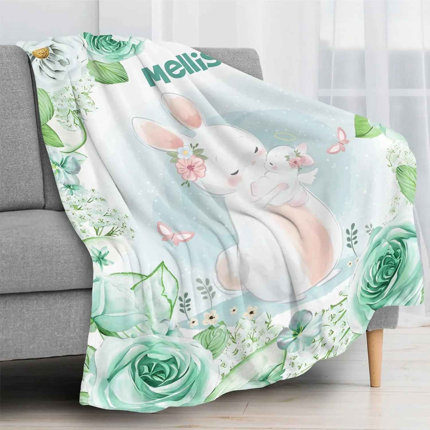 Ships Next Day-Angelic Bunny Lake Blue Flower Floral Custom Picnic Flannel Blanket Mothers Day Birthday Gifts for Mom,40"x50" Made in USA