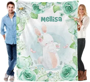 Ships Next Day-Angelic Bunny Lake Blue Flower Floral Custom Picnic Flannel Blanket Mothers Day Birthday Gifts for Mom,40"x50" Made in USA