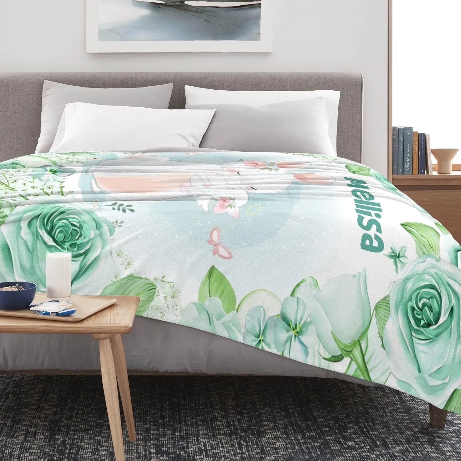Ships Next Day-Angelic Bunny Lake Blue Flower Floral Custom Picnic Flannel Blanket Mothers Day Birthday Gifts for Mom,40"x50" Made in USA