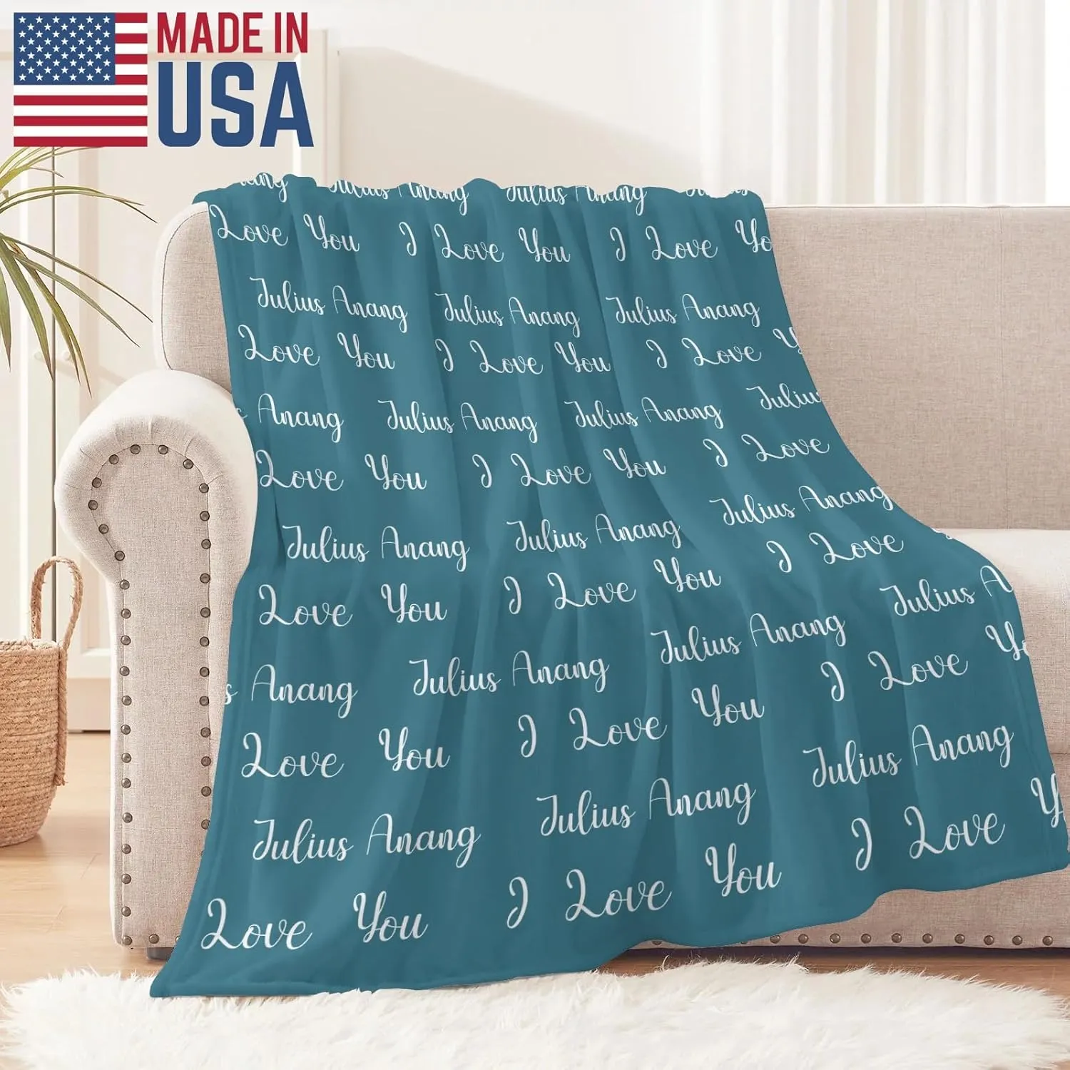 Ships Next Day-I Love You Name Lettering Lake Blue Custom Adult Picnic Flannel Blanket Fathers Day Birthday Gifts for Dad,50"x60" Made in USA