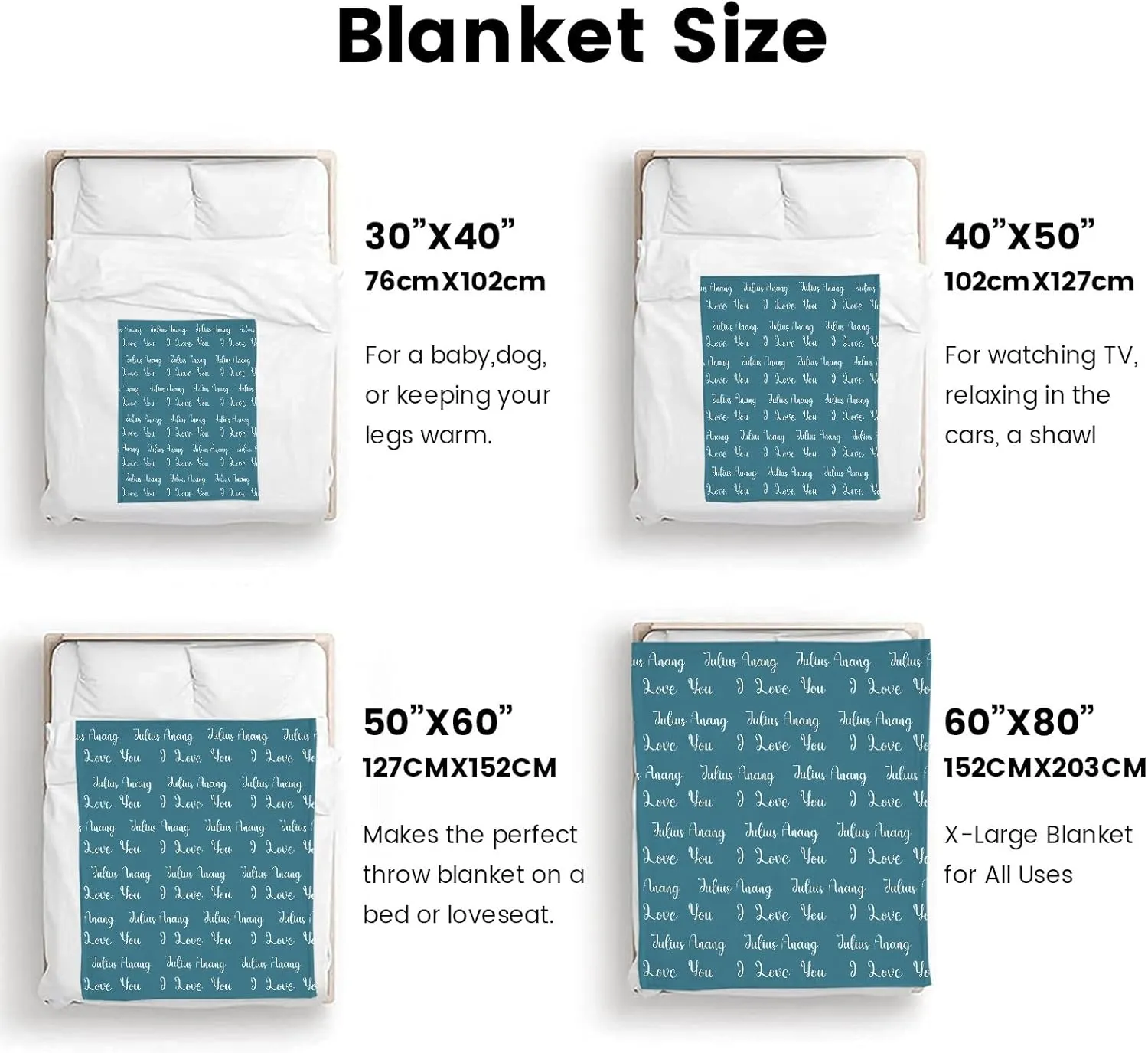 Ships Next Day-I Love You Name Lettering Lake Blue Custom Adult Picnic Flannel Blanket Fathers Day Birthday Gifts for Dad,50"x60" Made in USA