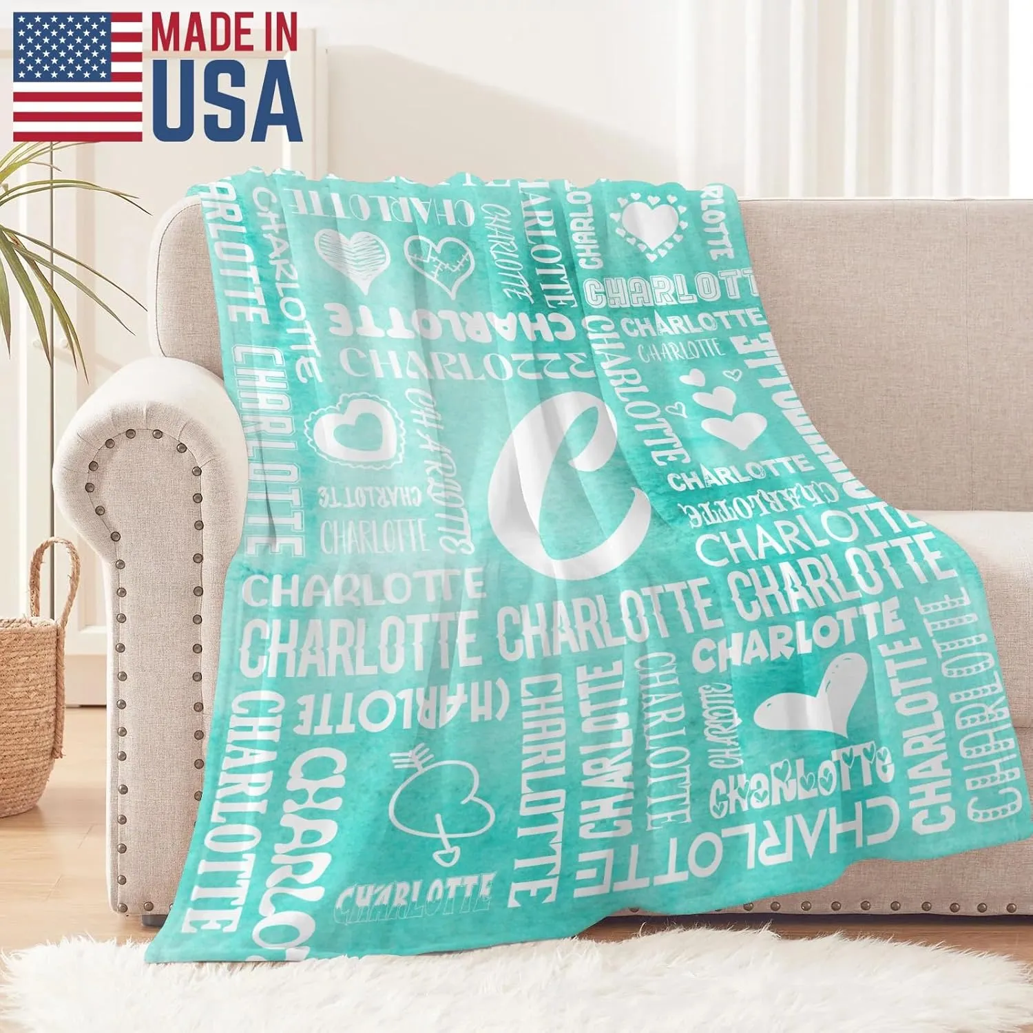 Ships Next Day-Name Lettering Lake Blue Watercolor Custom Picnic Office Throw Blanket Gift for Mom/Dad Blanket,40"x50" Made in USA