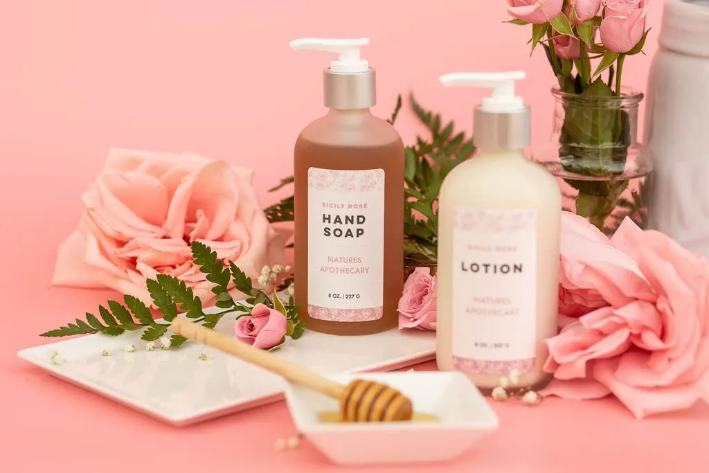 Sicily Rose Eco-Friendly Refillable Liquid Soap - Vegan, Sulfate-Free, Hypoallergenic, All-Natural, Plant-Derived, Made in USA by DAYSPA Body Basics, Lotion & Soap Set with Metal Holder