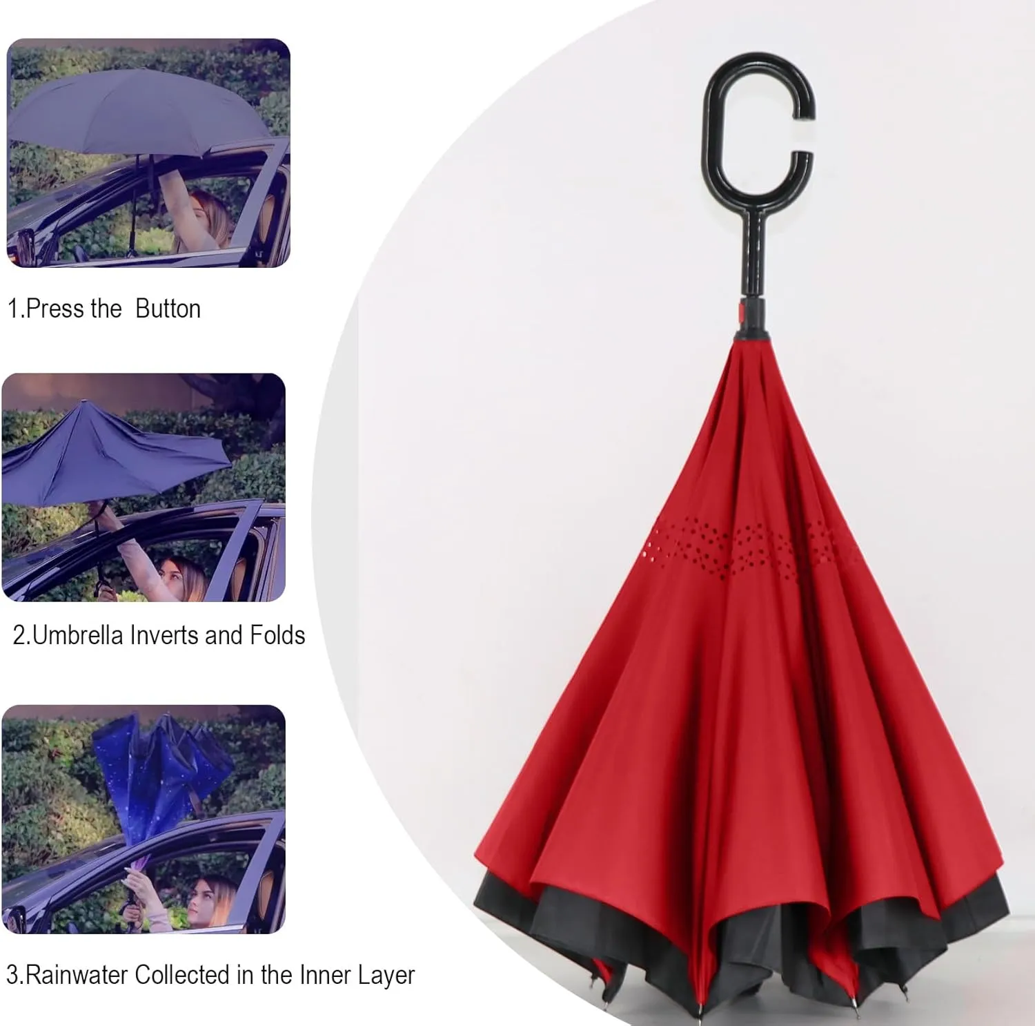 SIEPASA 49/56 Inch Inverted Reverse Upside Down Umbrella, Extra Large Double Canopy Vented Windproof Waterproof Stick Golf Umbrellas with C-shape Handle.