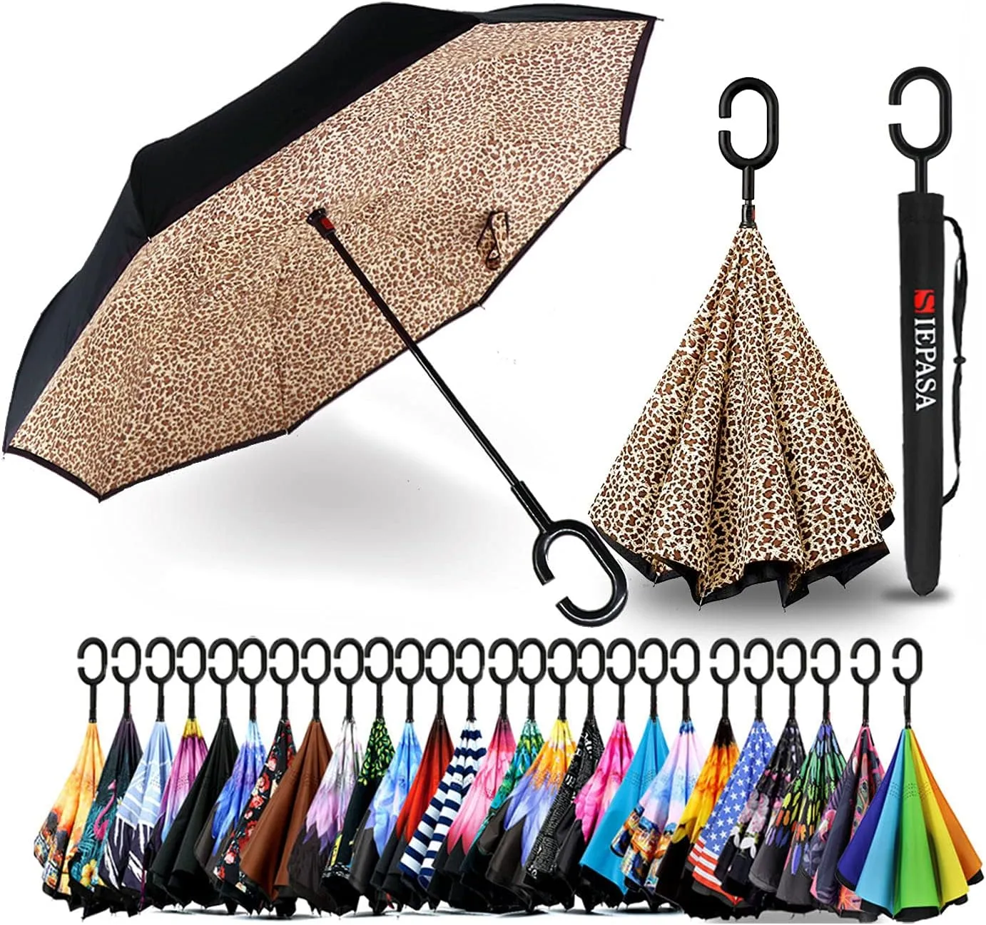 SIEPASA 49/56 Inch Inverted Reverse Upside Down Umbrella, Extra Large Double Canopy Vented Windproof Waterproof Stick Golf Umbrellas with C-shape Handle.