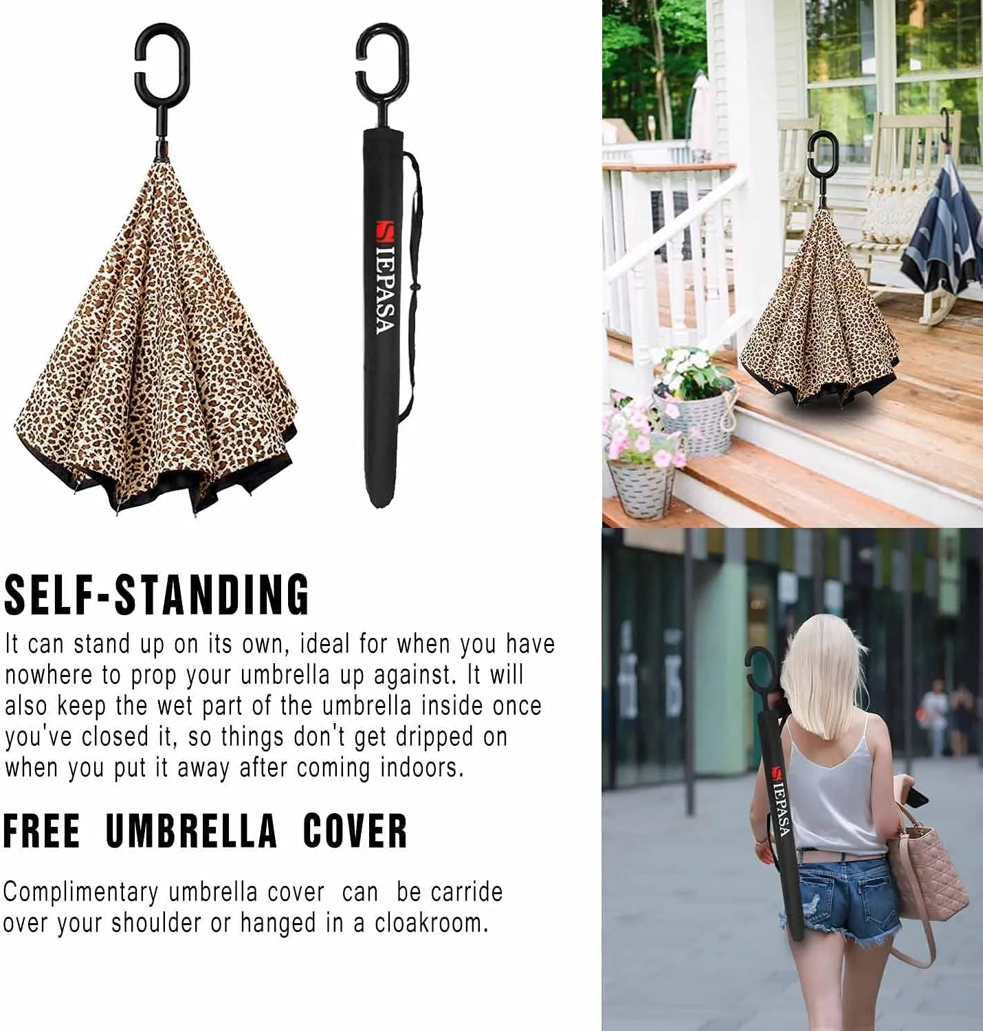 SIEPASA 49/56 Inch Inverted Reverse Upside Down Umbrella, Extra Large Double Canopy Vented Windproof Waterproof Stick Golf Umbrellas with C-shape Handle.