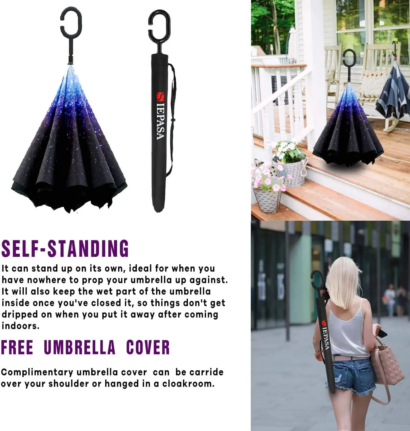 SIEPASA 49/56 Inch Inverted Reverse Upside Down Umbrella, Extra Large Double Canopy Vented Windproof Waterproof Stick Golf Umbrellas with C-shape Handle.