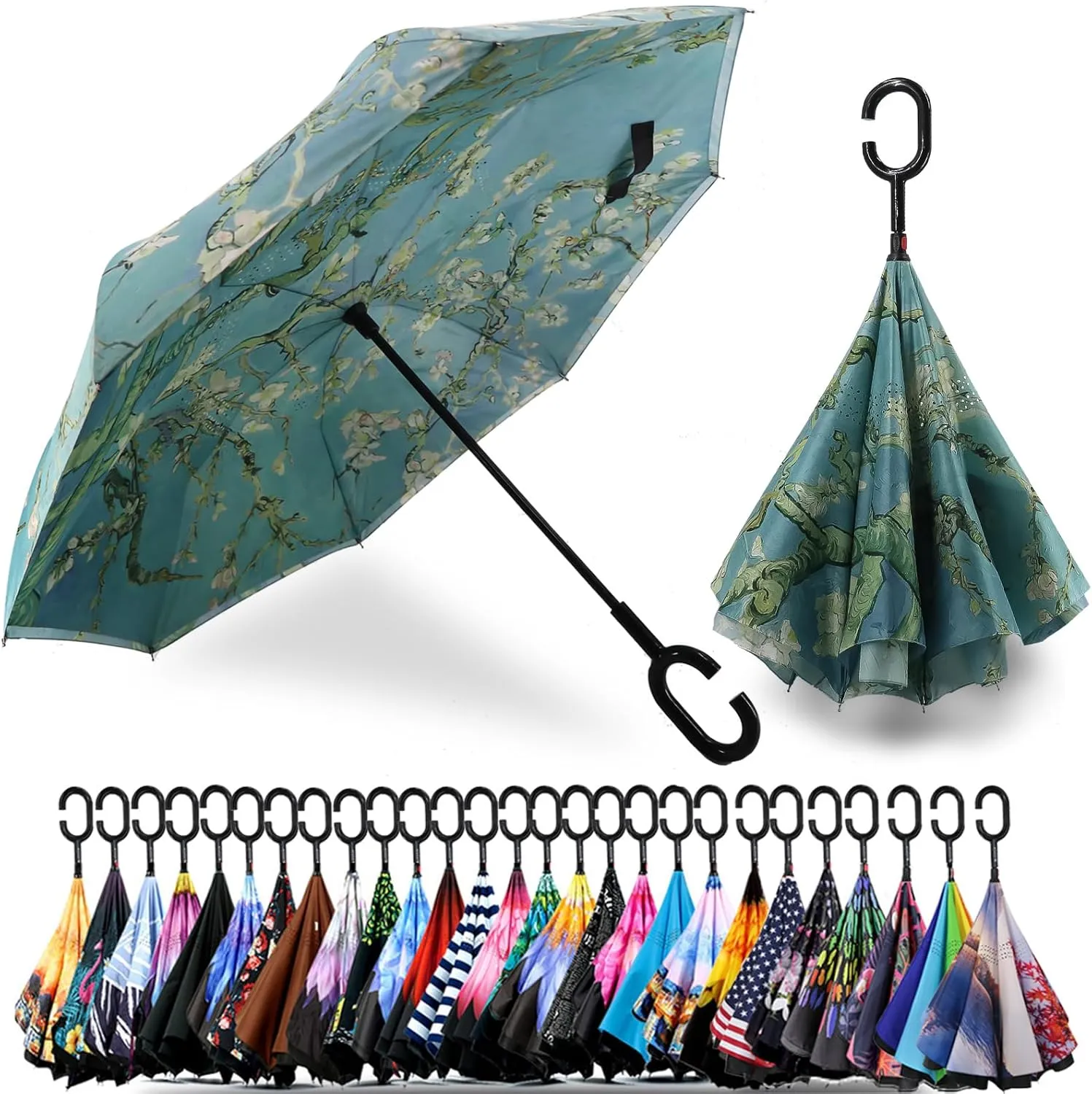SIEPASA 49/56 Inch Inverted Reverse Upside Down Umbrella, Extra Large Double Canopy Vented Windproof Waterproof Stick Golf Umbrellas with C-shape Handle.