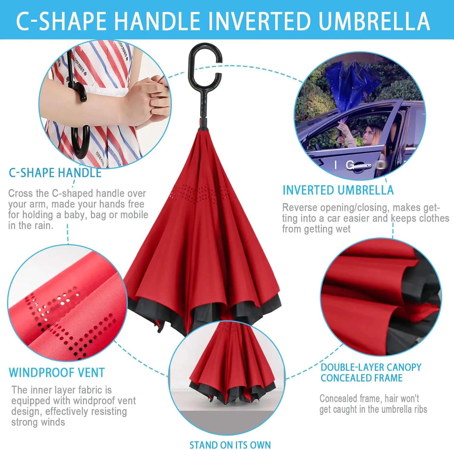 SIEPASA 49/56 Inch Inverted Reverse Upside Down Umbrella, Extra Large Double Canopy Vented Windproof Waterproof Stick Golf Umbrellas with C-shape Handle.