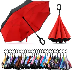 SIEPASA 49/56 Inch Inverted Reverse Upside Down Umbrella, Extra Large Double Canopy Vented Windproof Waterproof Stick Golf Umbrellas with C-shape Handle.