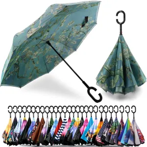 SIEPASA 49/56 Inch Inverted Reverse Upside Down Umbrella, Extra Large Double Canopy Vented Windproof Waterproof Stick Golf Umbrellas with C-shape Handle.