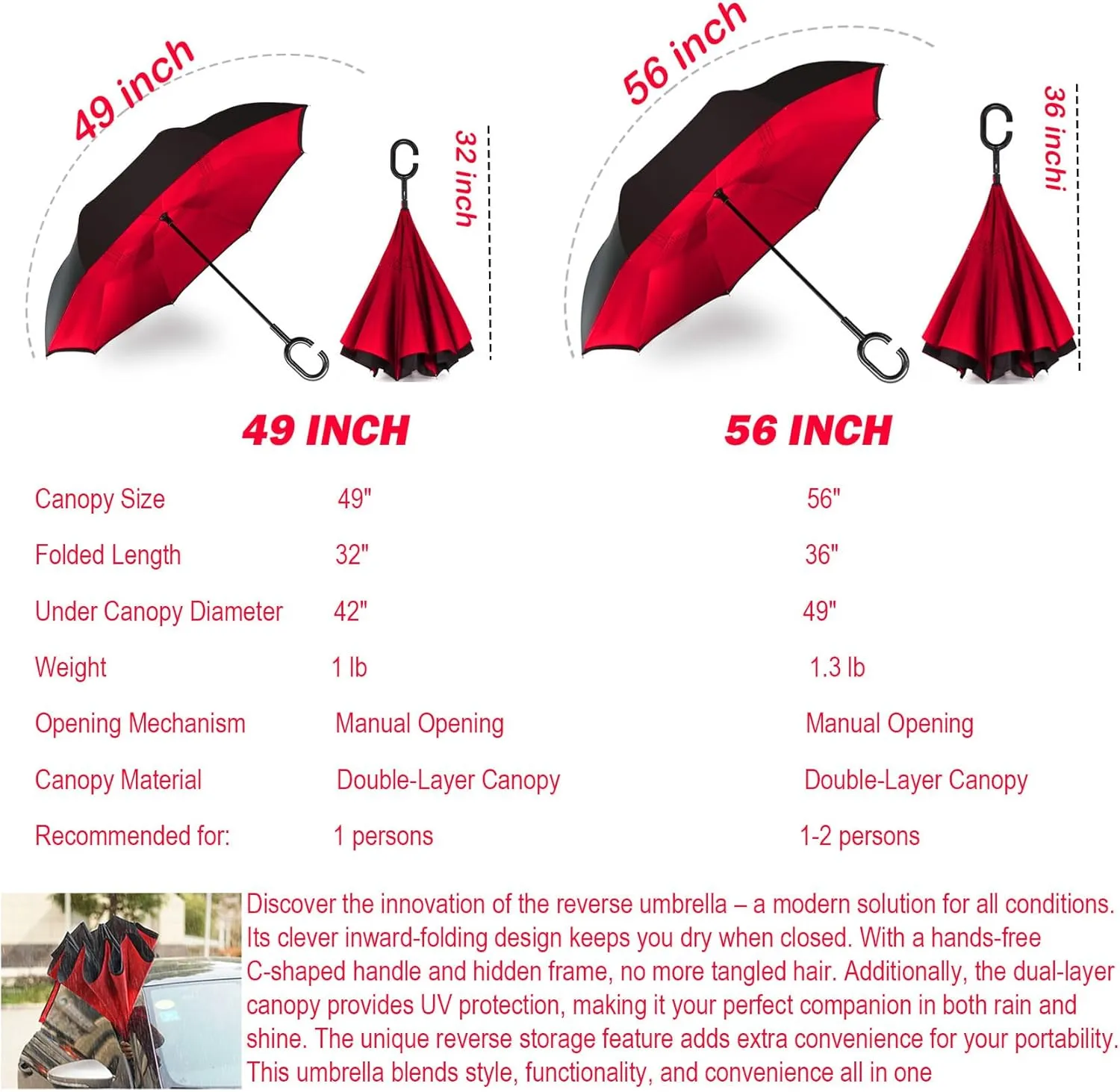 SIEPASA 49/56 Inch Inverted Reverse Upside Down Umbrella, Extra Large Double Canopy Vented Windproof Waterproof Stick Golf Umbrellas with C-shape Handle.