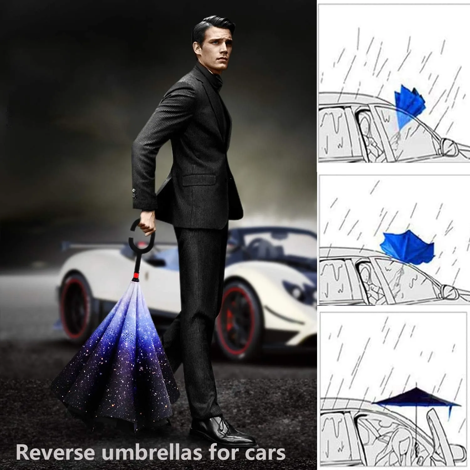 SIEPASA 49/56 Inch Inverted Reverse Upside Down Umbrella, Extra Large Double Canopy Vented Windproof Waterproof Stick Golf Umbrellas with C-shape Handle.
