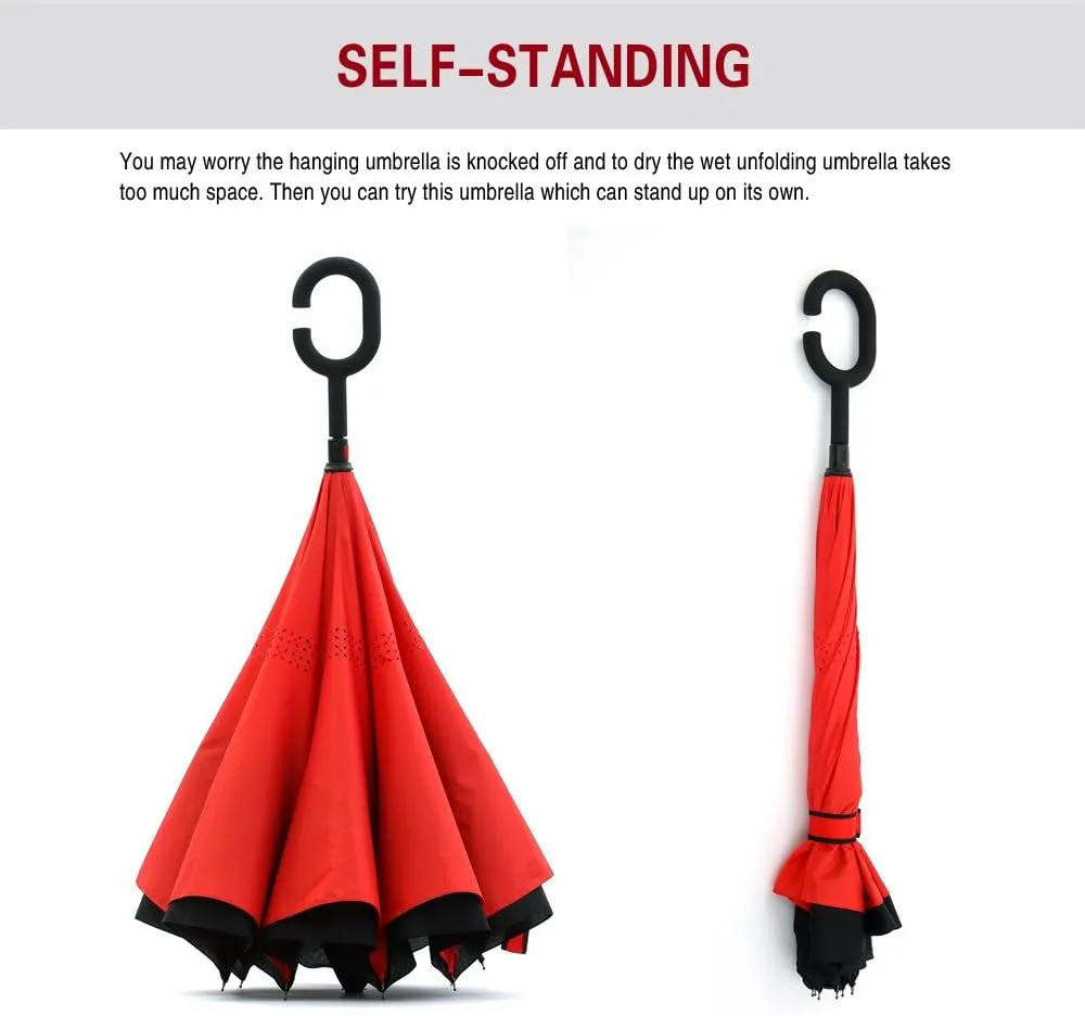 SIEPASA 49/56 Inch Inverted Reverse Upside Down Umbrella, Extra Large Double Canopy Vented Windproof Waterproof Stick Golf Umbrellas with C-shape Handle.