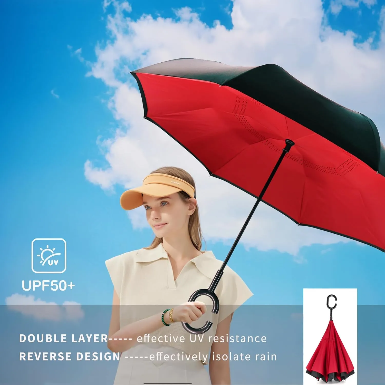 SIEPASA 49/56 Inch Inverted Reverse Upside Down Umbrella, Extra Large Double Canopy Vented Windproof Waterproof Stick Golf Umbrellas with C-shape Handle.