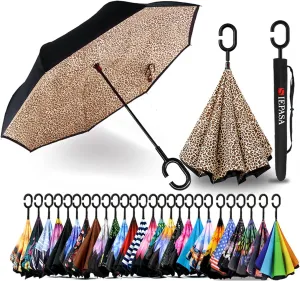 SIEPASA 49/56 Inch Inverted Reverse Upside Down Umbrella, Extra Large Double Canopy Vented Windproof Waterproof Stick Golf Umbrellas with C-shape Handle.