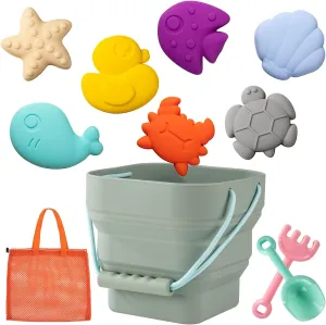 Silicone Beach Toys - Modern Baby Travel Friendly Beach Set | Bucket, Shovel, 7 Sand Molds, Bag | Sand Toys for Toddlers, Kids - 11pc (Light Green)